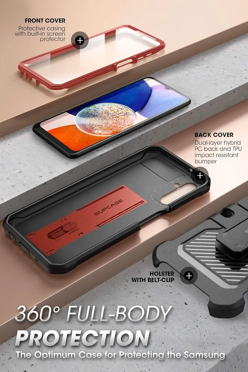 SUPCASE for Samsung Galaxy A14 5G Case with Screen Protector (Unicorn Beetle Pro), [Built-in Stand & Belt-Clip] Heavy Duty Full-Body Rugged Kickstand Protective Phone Case for Samsung A14 5G, Ruddy