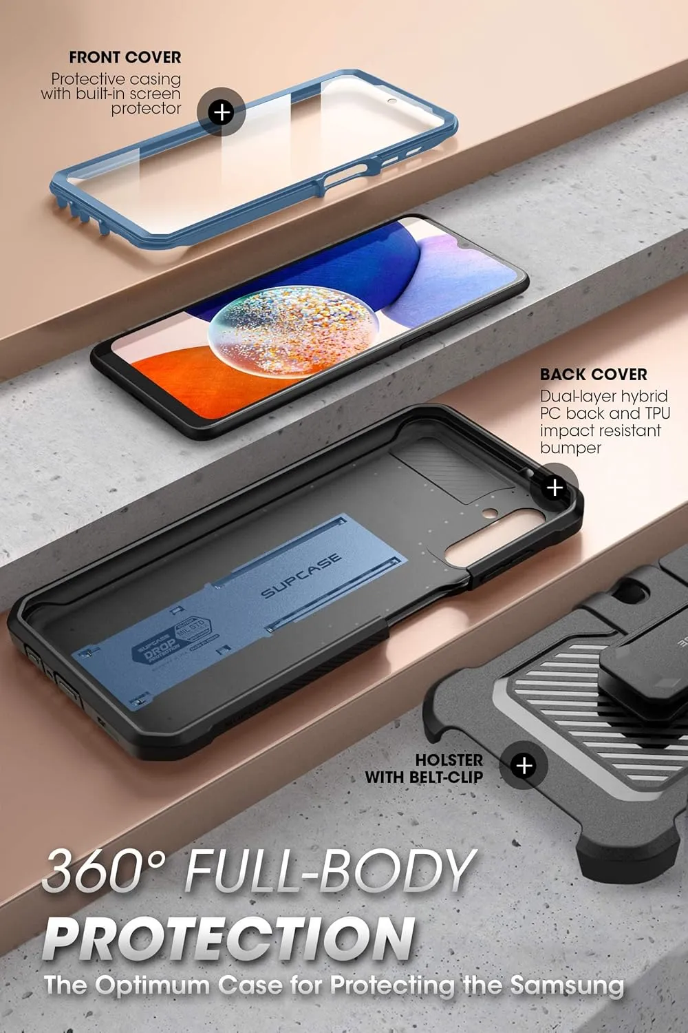 SUPCASE for Samsung Galaxy A14 5G Case with Screen Protector (Unicorn Beetle Pro), [Built-in Stand & Belt-Clip] Heavy Duty Full-Body Rugged Kickstand Protective Phone Case for Samsung A14 5G, Tilt
