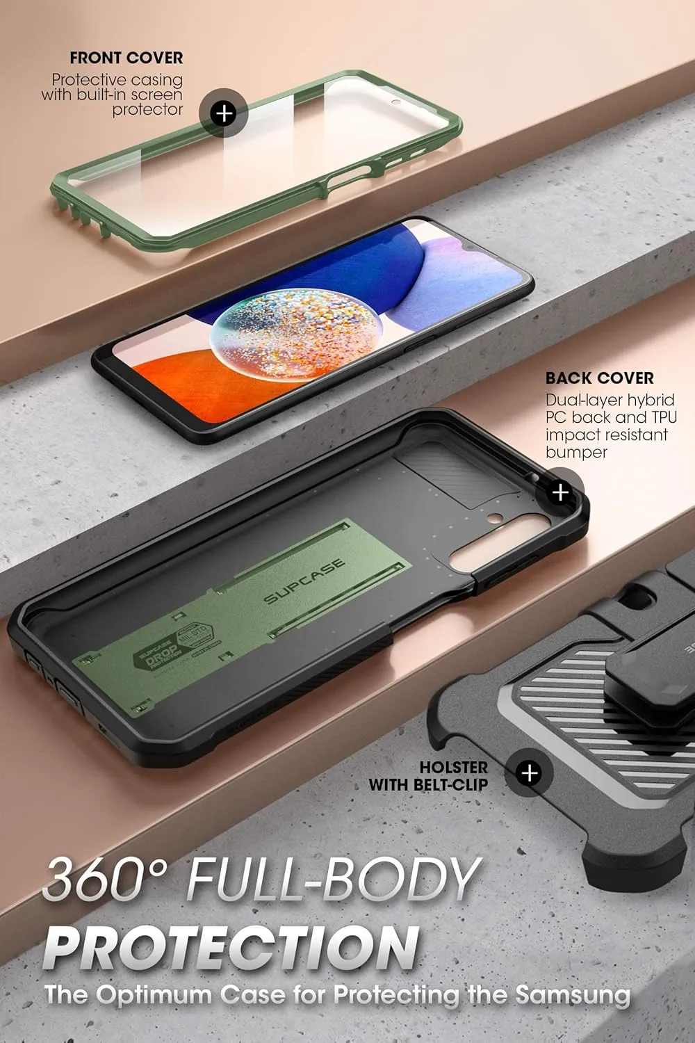 SUPCASE for Samsung Galaxy A14 5G Case with Screen Protector (Unicorn Beetle Pro), [Built-in Stand & Belt-Clip] Heavy Duty Full-Body Rugged Kickstand Protective Phone Case for Samsung A14 5G,Guldan