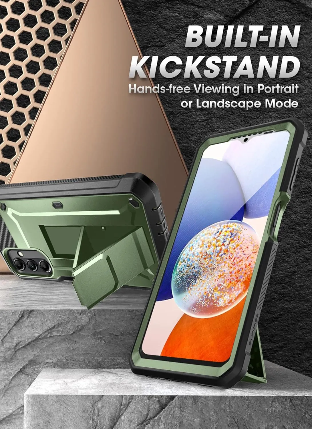 SUPCASE for Samsung Galaxy A14 5G Case with Screen Protector (Unicorn Beetle Pro), [Built-in Stand & Belt-Clip] Heavy Duty Full-Body Rugged Kickstand Protective Phone Case for Samsung A14 5G,Guldan
