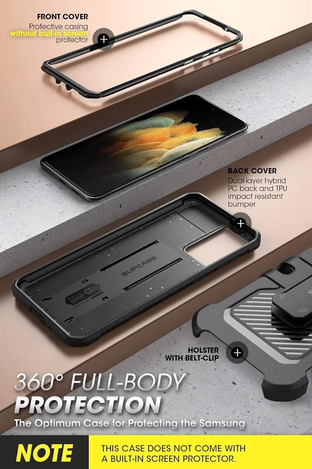 SUPCASE for Samsung Galaxy S21 5G Case with Satnd (Unicorn Beetle Pro), [Built-in Belt Clip] Heavy Duty Shockproof Protective Phone Case Without Built-in Screen Protector for Galaxy S21, Black