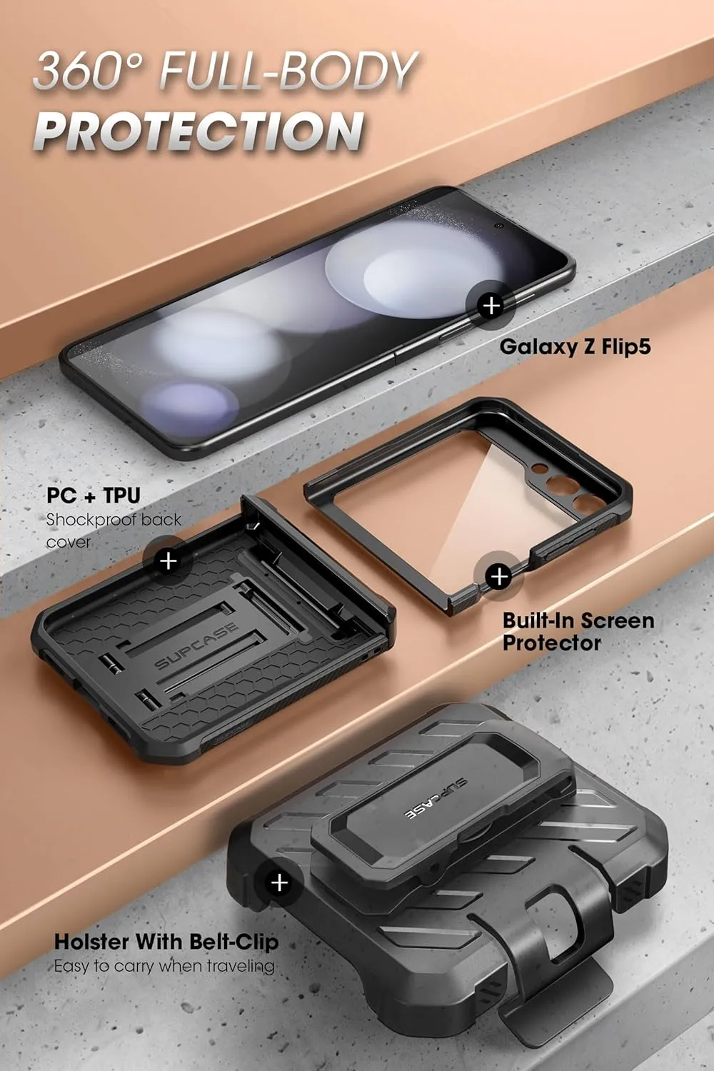 SUPCASE for Samsung Galaxy Z Flip 5 Case with Stand & Belt-Clip (Unicorn Beetle Pro), [Hinge Protection] [Front Screen Protector] Dual Layer Rugged Protective Phone Case for Galaxy Z Flip 5, Black