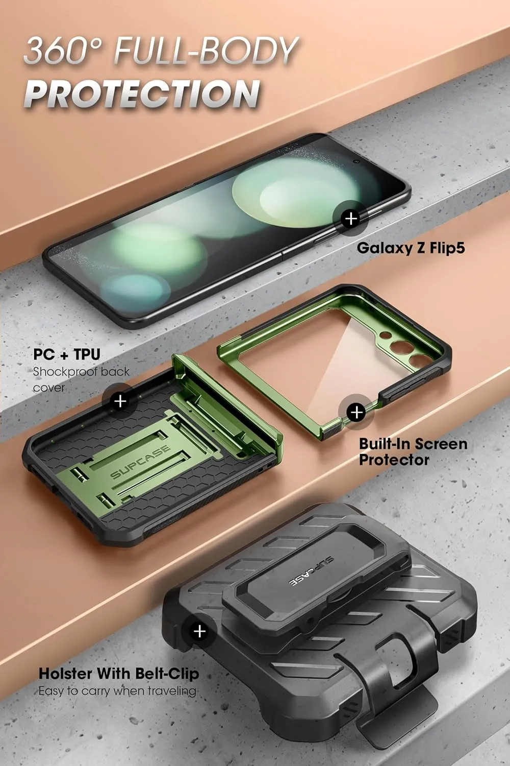 SUPCASE for Samsung Galaxy Z Flip 5 Case with Stand & Belt-Clip (Unicorn Beetle Pro), [Hinge Protection] [Front Screen Protector] Dual Layer Rugged Protective Phone Case for Galaxy Z Flip 5, Guldan
