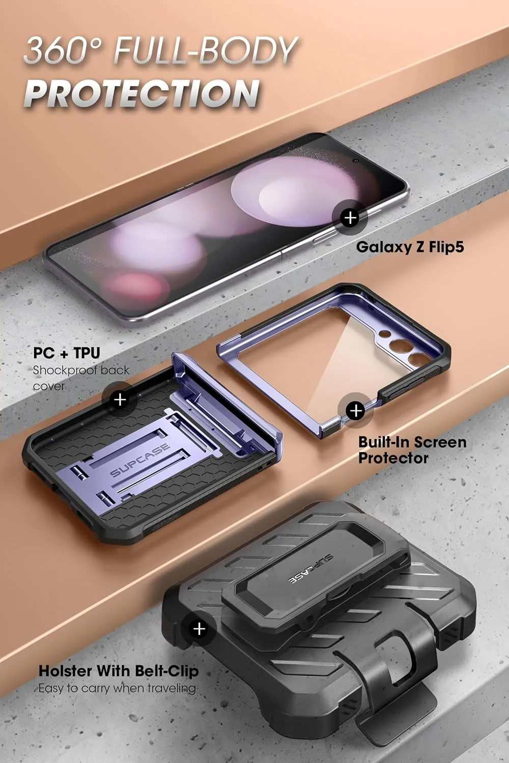 SUPCASE for Samsung Galaxy Z Flip 5 Case with Stand & Belt-Clip (Unicorn Beetle Pro), [Hinge Protection] [Front Screen Protector] Dual Layer Rugged Protective Phone Case for Galaxy Z Flip 5, Mauve