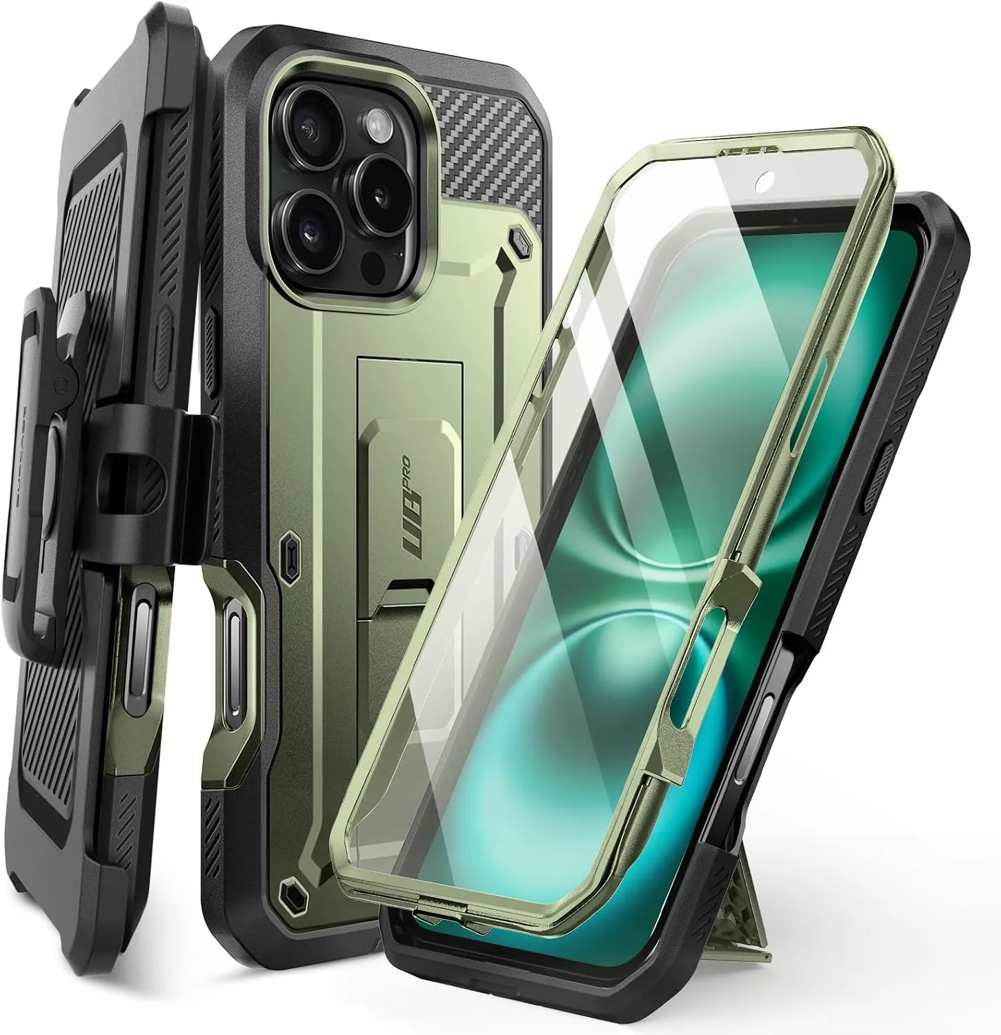 SUPCASE Unicorn Beetle Pro Case with Screen Protector, Built-in Stand & Belt-Clip, Military-Grade Protection, Full Body Heavy Duty Phone Case for iPhone 16 Pro 6.3'' 2024, Green