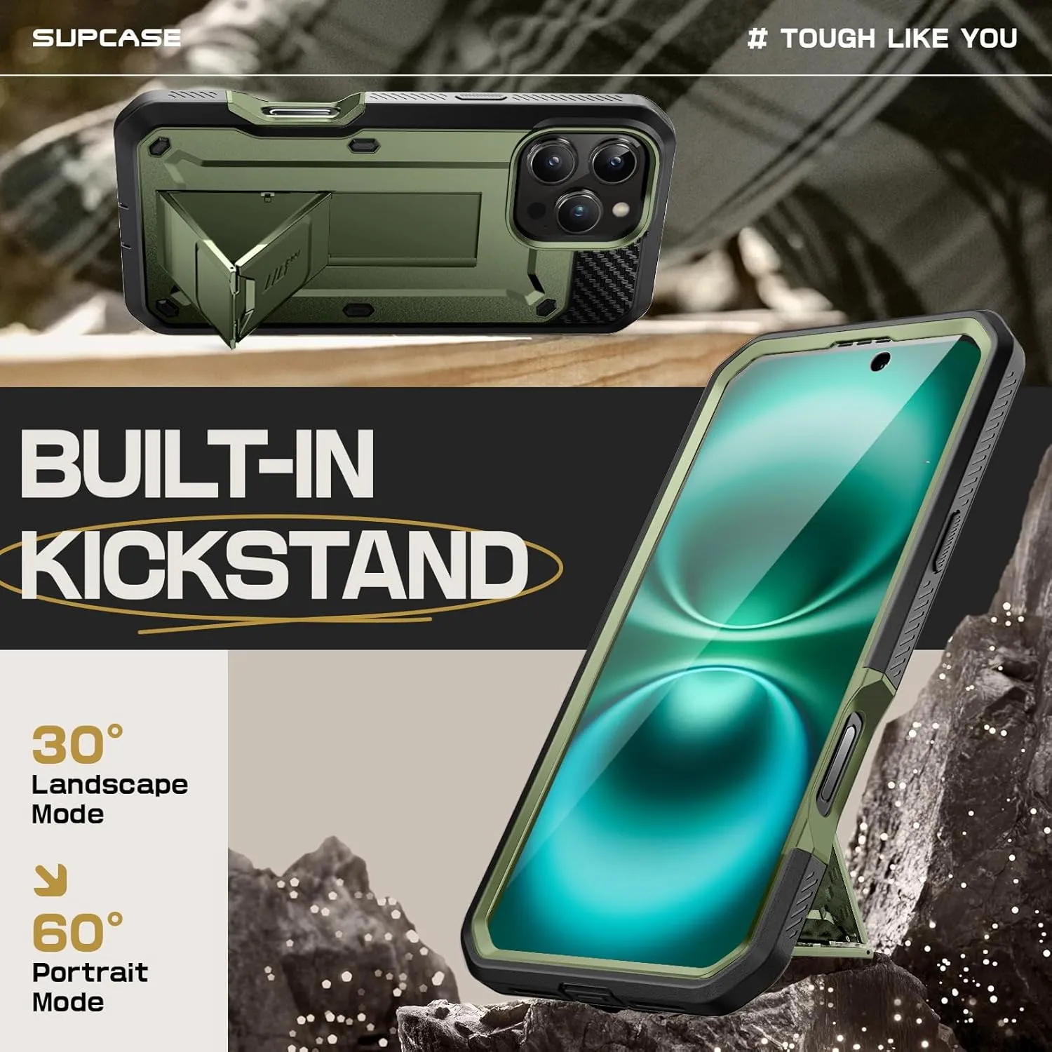 SUPCASE Unicorn Beetle Pro Case with Screen Protector, Built-in Stand & Belt-Clip, Military-Grade Protection, Full Body Heavy Duty Phone Case for iPhone 16 Pro 6.3'' 2024, Green