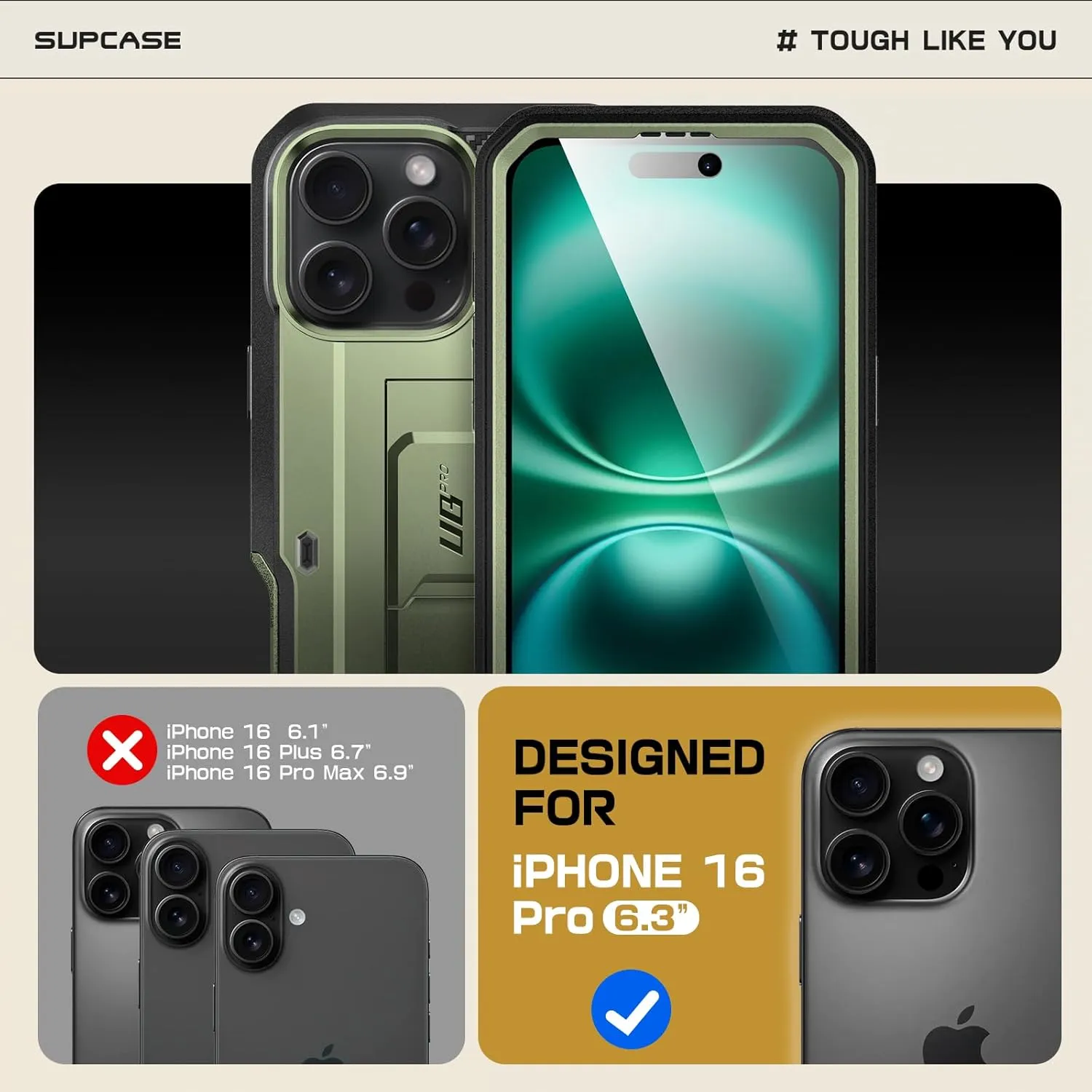 SUPCASE Unicorn Beetle Pro Case with Screen Protector, Built-in Stand & Belt-Clip, Military-Grade Protection, Full Body Heavy Duty Phone Case for iPhone 16 Pro 6.3'' 2024, Green