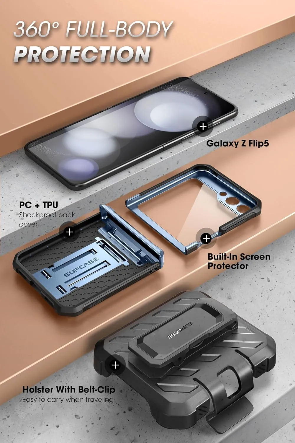 SUPCASE [Unicorn Beetle Pro Series Case Designed for Samsung Galaxy Z Flip 5 5G (2023 Release), [Hinge Protection] Dual Layer Rugged Protective Case with Holster & Kickstand - Tilt