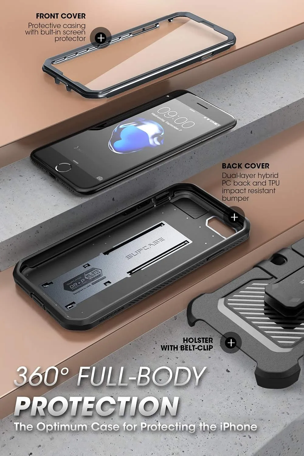 SUPCASE Unicorn Beetle Pro Series Full-Body Rugged Holster & Kickstand Case with Built-in Screen Protector for 4.7-Inch iPhone SE 7/8 (2020), Black
