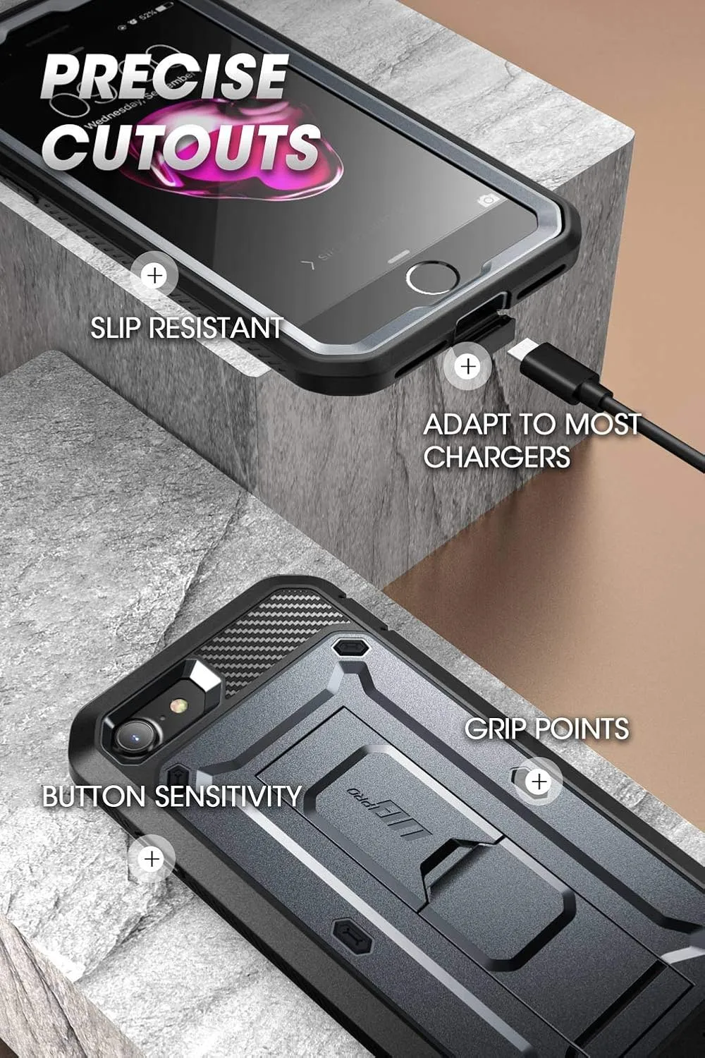 SUPCASE Unicorn Beetle Pro Series Full-Body Rugged Holster & Kickstand Case with Built-in Screen Protector for 4.7-Inch iPhone SE 7/8 (2020), Black
