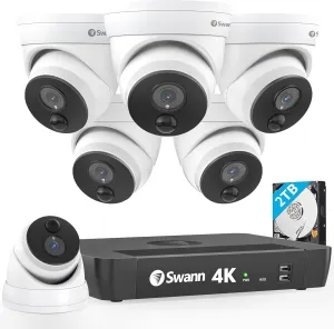 Swann 4K NVR Security Camera System with 2TB HDD, 8 Channel 6 Cam,POE Cat5e Home Security Camera,Indoor Outdoor Wired Surveillance Cameras, Night Vision, Heat Motion Detection, Dome Cams