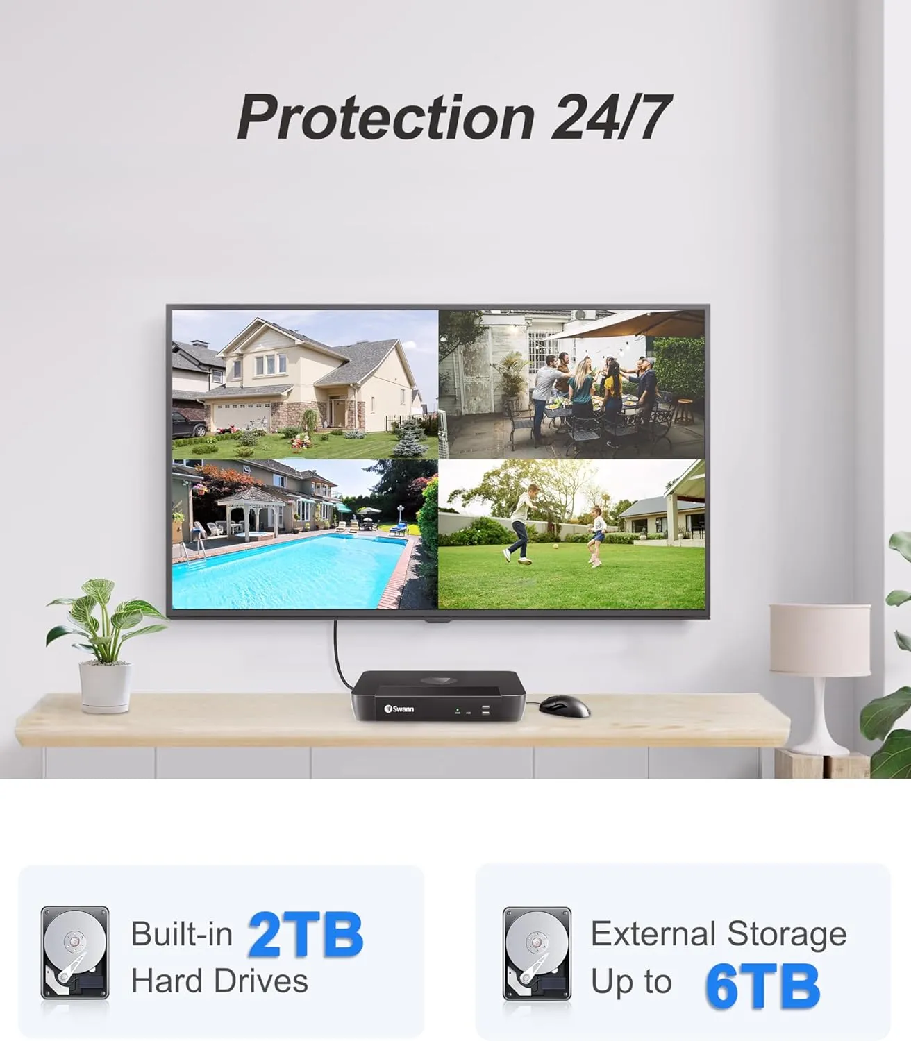 Swann 4K NVR Security Camera System with 2TB HDD, 8 Channel 6 Cam,POE Cat5e Home Security Camera,Indoor Outdoor Wired Surveillance Cameras, Night Vision, Heat Motion Detection, Dome Cams