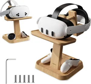 Syntech VR Stand Wood Compatible with Meta Quest 3s/3/2/VisionPro/Pico 4, Universal Quest3 Stand Holder with Storage Base for VR Accessories, Gaming Headset with Elite Strap