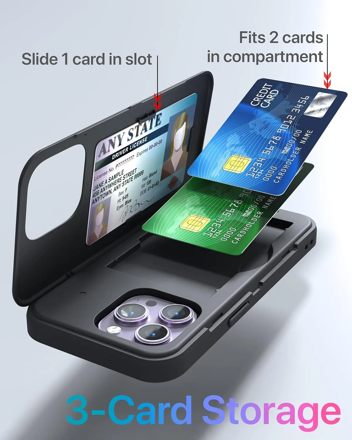TORU CX Slim for iPhone 14 Pro Max Case Wallet | Protective Shockproof Heavy Duty Cover with Hidden Card Holder & Card Slot | Mirror & Wrist Strap Included - Black