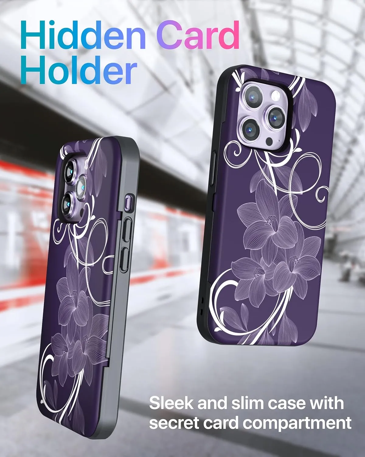 TORU CX Slim for iPhone 14 Pro Max Case Wallet | Protective Shockproof Heavy Duty Cover with Hidden Card Holder & Card Slot | Mirror & Wrist Strap Included - Flowers