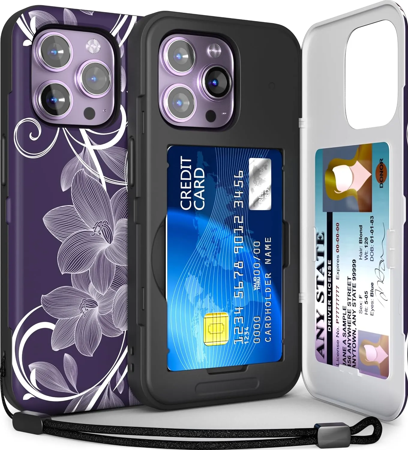 TORU CX Slim for iPhone 14 Pro Max Case Wallet | Protective Shockproof Heavy Duty Cover with Hidden Card Holder & Card Slot | Mirror & Wrist Strap Included - Flowers