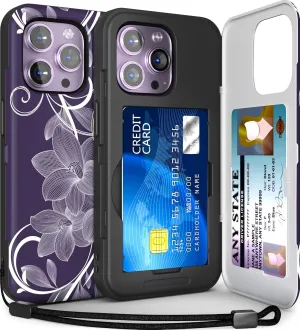 TORU CX Slim for iPhone 14 Pro Max Case Wallet | Protective Shockproof Heavy Duty Cover with Hidden Card Holder & Card Slot | Mirror & Wrist Strap Included - Flowers