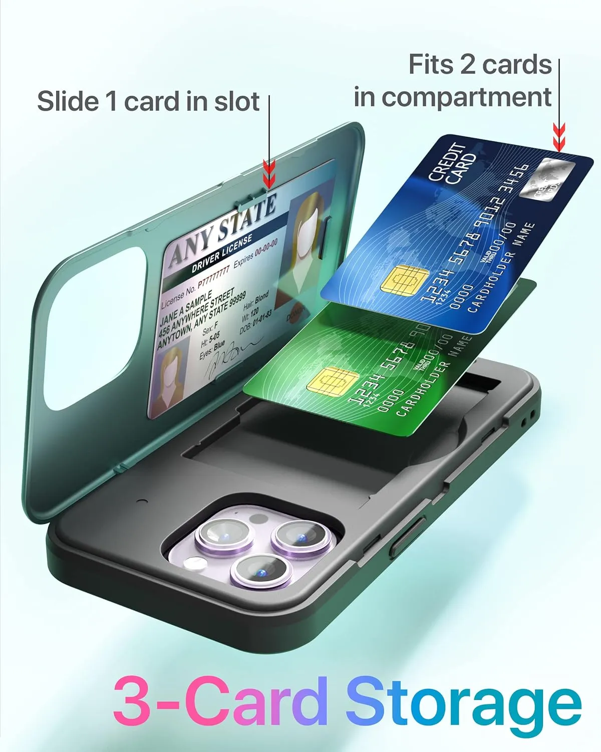 TORU CX Slim for iPhone 14 Pro Max Case Wallet | Protective Shockproof Heavy Duty Cover with Hidden Card Holder & Card Slot | Mirror & Wrist Strap Included - Green