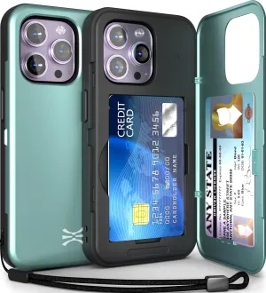 TORU CX Slim for iPhone 14 Pro Max Case Wallet | Protective Shockproof Heavy Duty Cover with Hidden Card Holder & Card Slot | Mirror & Wrist Strap Included - Green