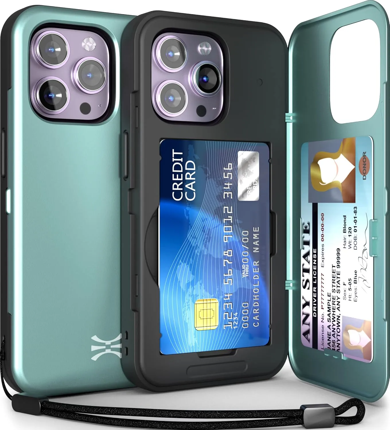 TORU CX Slim for iPhone 14 Pro Max Case Wallet | Protective Shockproof Heavy Duty Cover with Hidden Card Holder & Card Slot | Mirror & Wrist Strap Included - Green
