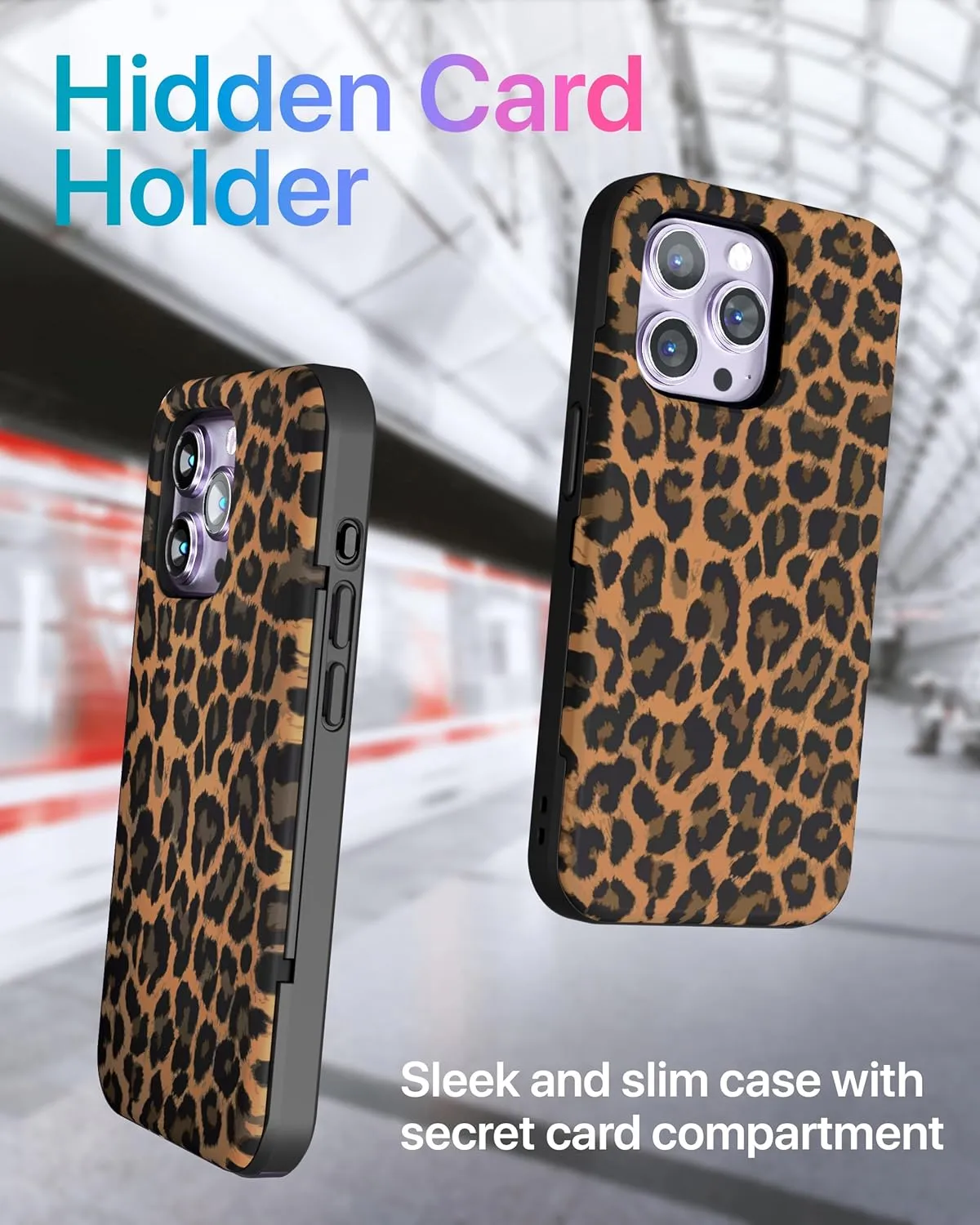 TORU CX Slim for iPhone 14 Pro Max Case Wallet | Protective Shockproof Heavy Duty Cover with Hidden Card Holder & Card Slot | Mirror & Wrist Strap Included - Leopard