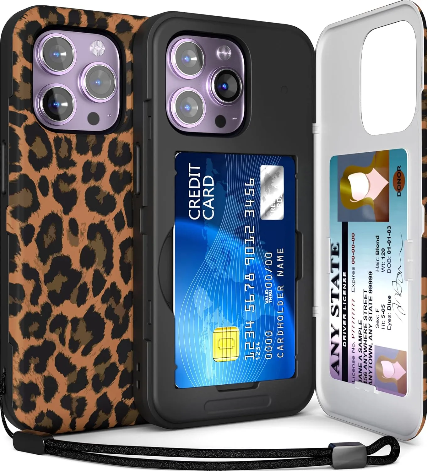 TORU CX Slim for iPhone 14 Pro Max Case Wallet | Protective Shockproof Heavy Duty Cover with Hidden Card Holder & Card Slot | Mirror & Wrist Strap Included - Leopard