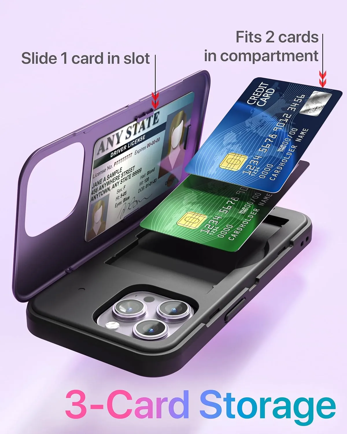 TORU CX Slim for iPhone 14 Pro Max Case Wallet | Protective Shockproof Heavy Duty Cover with Hidden Card Holder & Card Slot | Mirror & Wrist Strap Included - Purple