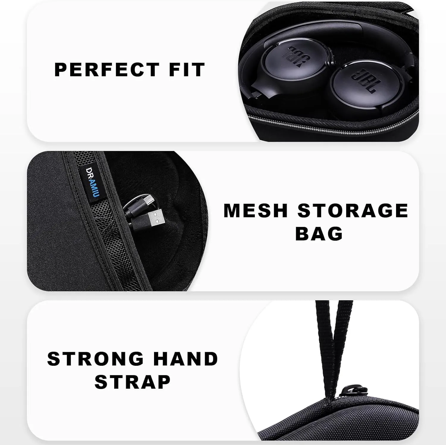 Travel Case for JBL Tune 510BT/ 520BT/ 660NC/ 670NC/ 570BT/ 500BT/ Tune 525BT/ 500/ JBL Live 460NC/ 670NC/ JBL T450BT, Soundcore H30i, Samsung AKG Foldable Small Headphones Black