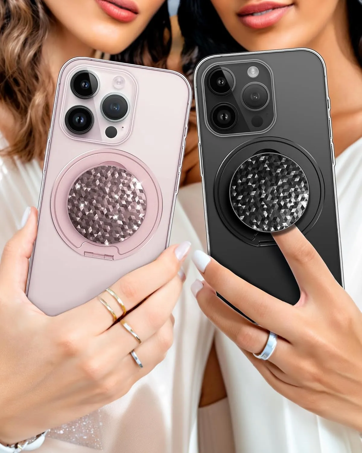 Typecase Magnetic Phone Grip Holder: Adjustable Finger Ring Kickstand - Adapter Ring Included - Phone Grips for Back Compatible with iPhone Android Kindle Accessories - Rose Diamond