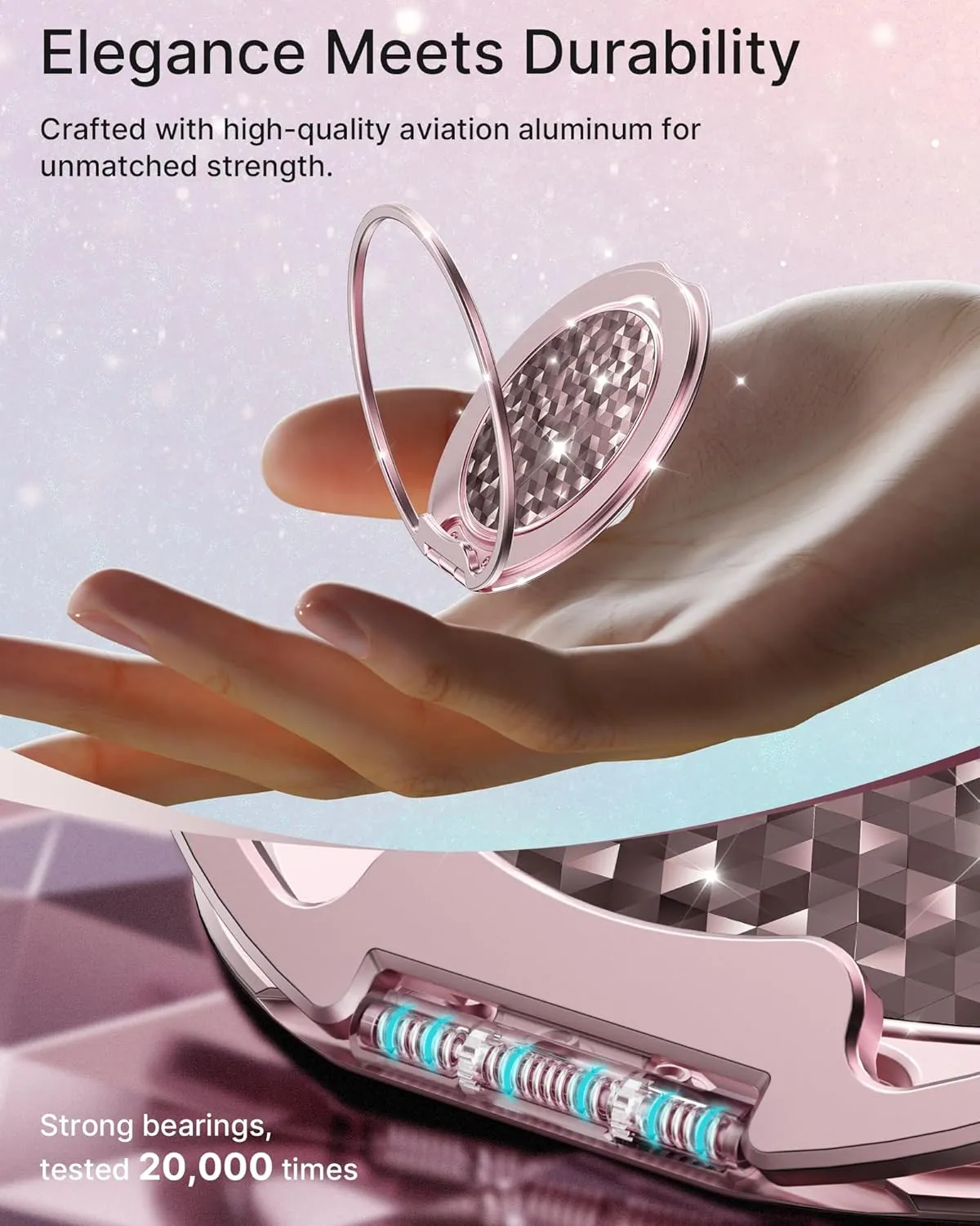 Typecase Magnetic Phone Grip Holder: Adjustable Finger Ring Kickstand - Adapter Ring Included - Phone Grips for Back Compatible with iPhone Android Kindle Accessories - Rose Diamond