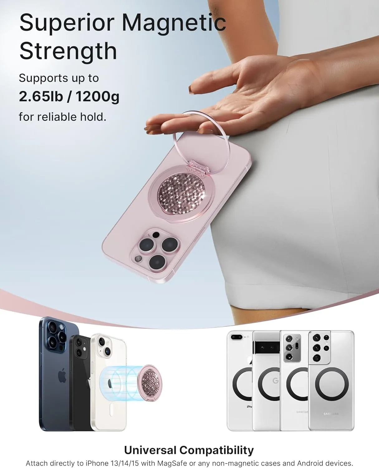 Typecase Magnetic Phone Grip Holder: Adjustable Finger Ring Kickstand - Adapter Ring Included - Phone Grips for Back Compatible with iPhone Android Kindle Accessories - Rose Diamond