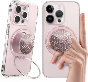 Typecase Magnetic Phone Grip Holder: Adjustable Finger Ring Kickstand - Adapter Ring Included - Phone Grips for Back Compatible with iPhone Android Kindle Accessories - Rose Diamond