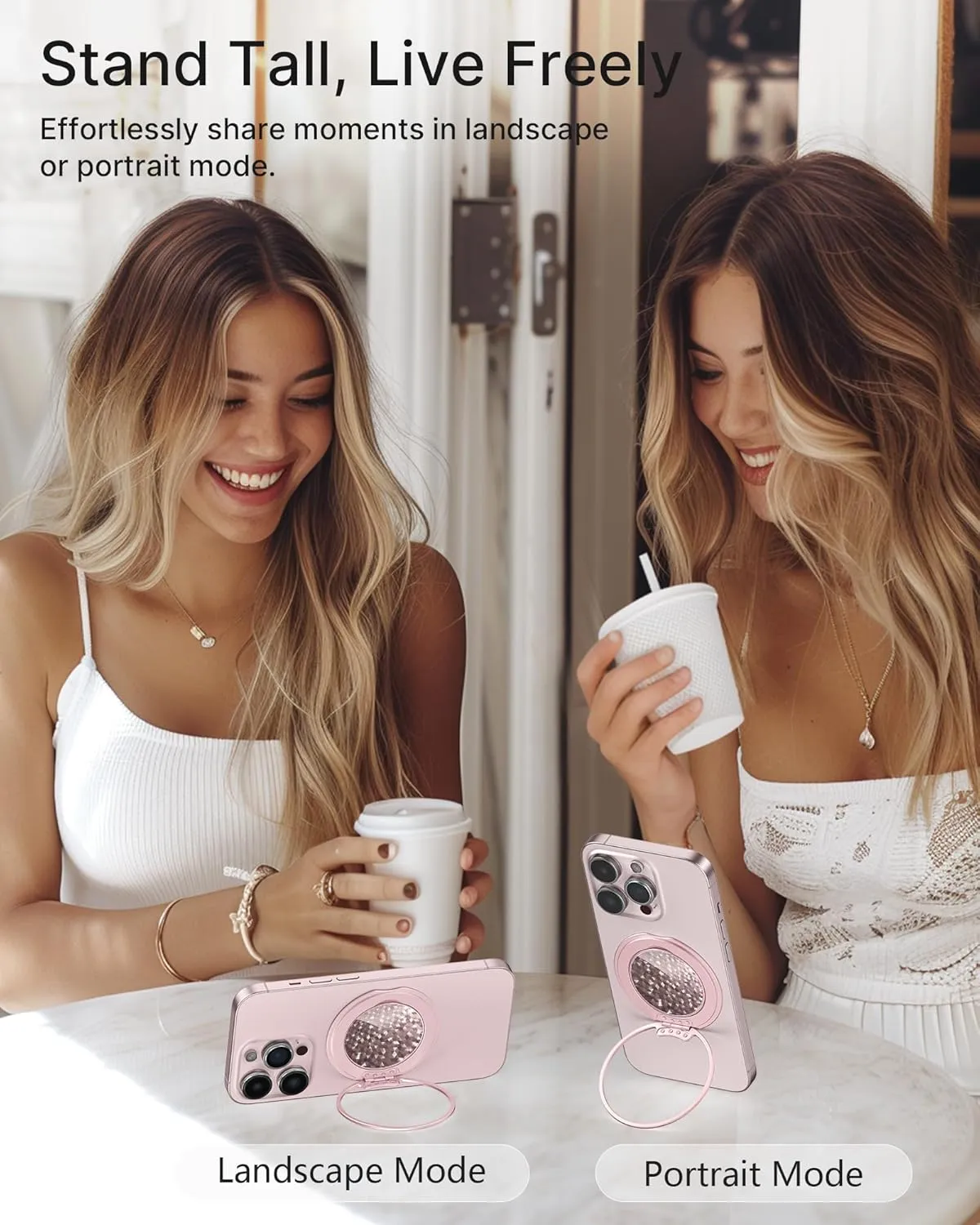 Typecase Magnetic Phone Grip Holder: Adjustable Finger Ring Kickstand - Adapter Ring Included - Phone Grips for Back Compatible with iPhone Android Kindle Accessories - Rose Diamond