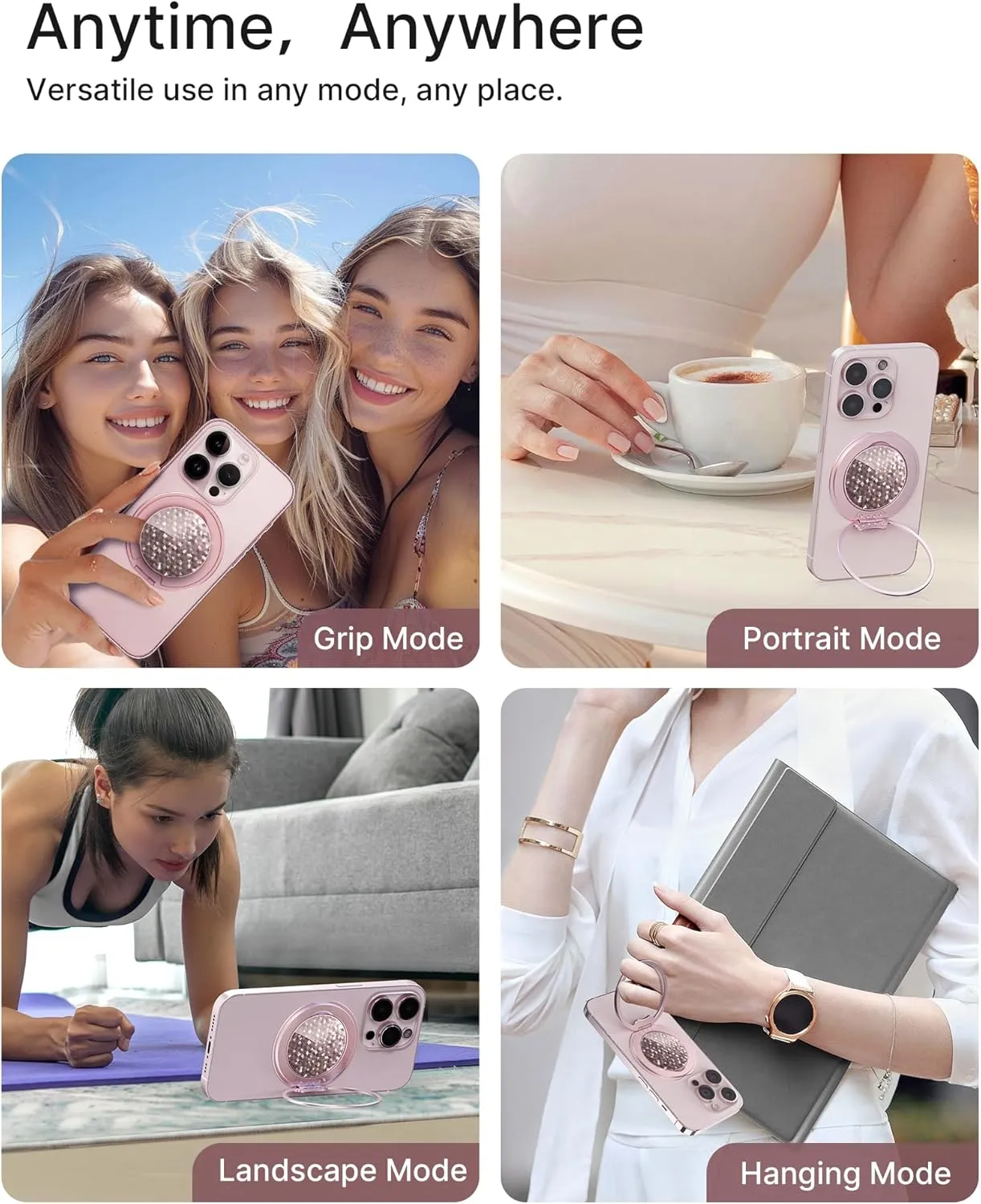 Typecase Magnetic Phone Grip Holder: Adjustable Finger Ring Kickstand - Adapter Ring Included - Phone Grips for Back Compatible with iPhone Android Kindle Accessories - Rose Diamond