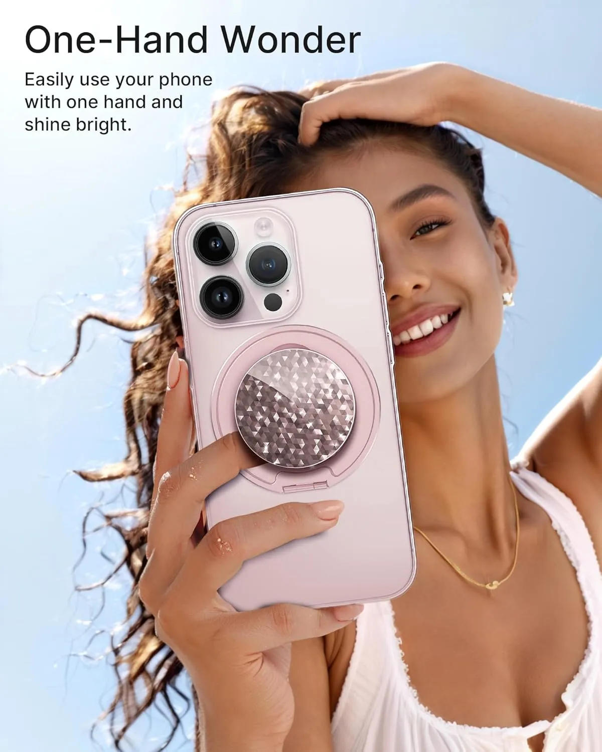 Typecase Magnetic Phone Grip Holder: Adjustable Finger Ring Kickstand - Adapter Ring Included - Phone Grips for Back Compatible with iPhone Android Kindle Accessories - Rose Diamond