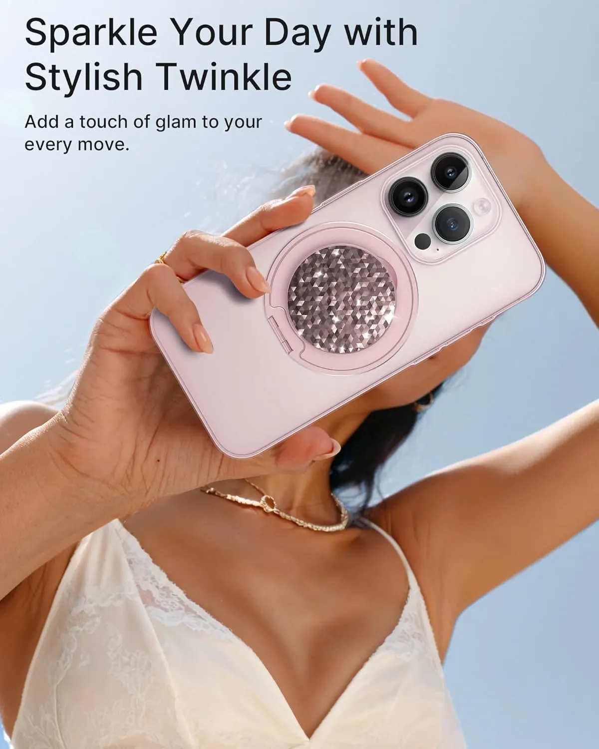 Typecase Magnetic Phone Grip Holder: Adjustable Finger Ring Kickstand - Adapter Ring Included - Phone Grips for Back Compatible with iPhone Android Kindle Accessories - Rose Diamond
