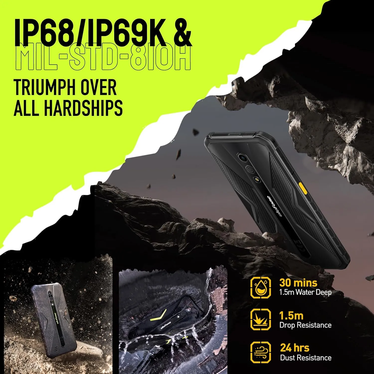 Ulefone Armor X12 Pro Rugged Smartphone, Waterproof Phones Unlocked, Octa-core Android 14, 8GB 64GB, Dual SIM Global 4G LTE, 4860mAh Battery, Face Recognition, Bluetooth, NFC, Compass - Black