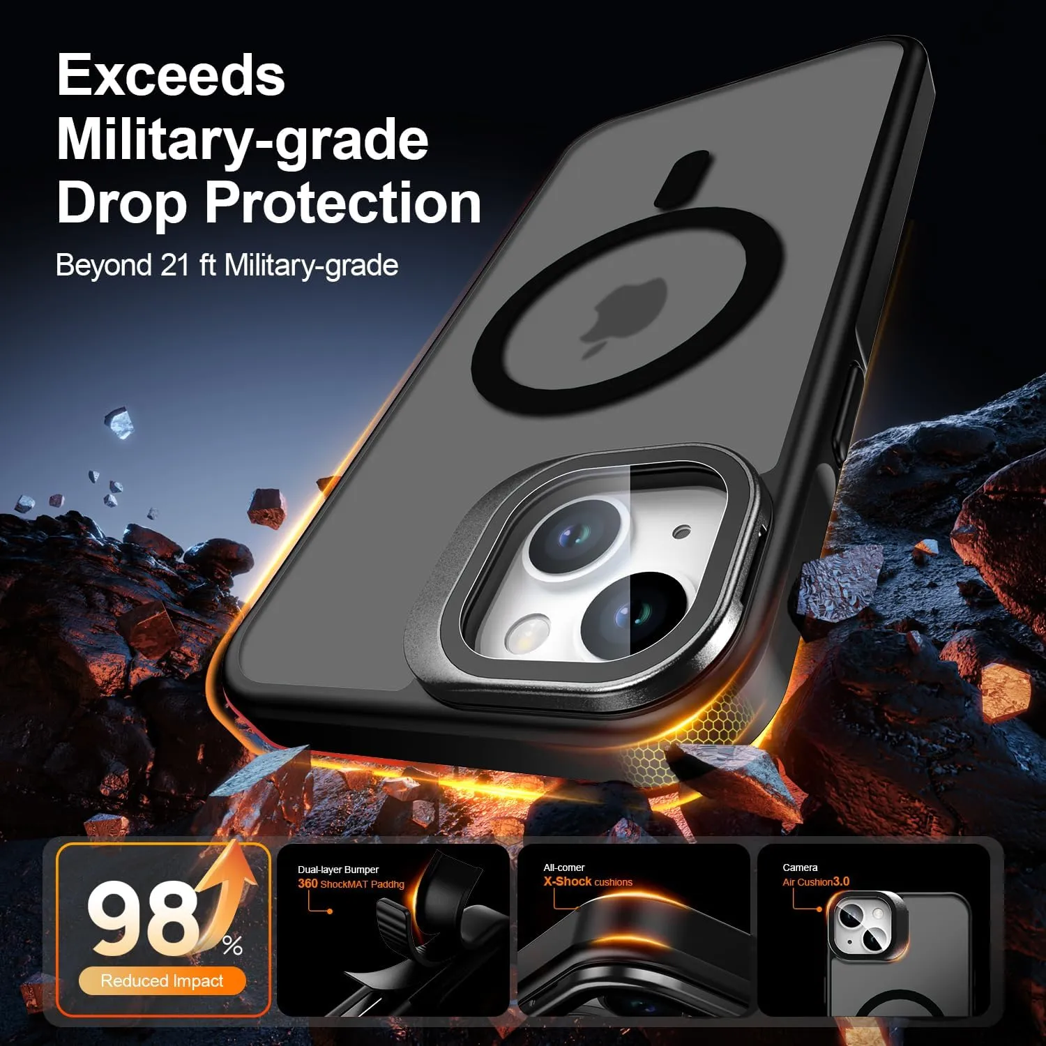 Upgraded Magnetic for iPhone 13 Case,iPhone 14 Case with Camera Lens Cover and Screen Protector,Built-in Kickstand,Wireless Charging Compatible,Slim Fit Translucent Matte Acrylic - Black