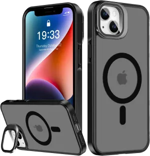 Upgraded Magnetic for iPhone 13 Case,iPhone 14 Case with Camera Lens Cover and Screen Protector,Built-in Kickstand,Wireless Charging Compatible,Slim Fit Translucent Matte Acrylic - Black