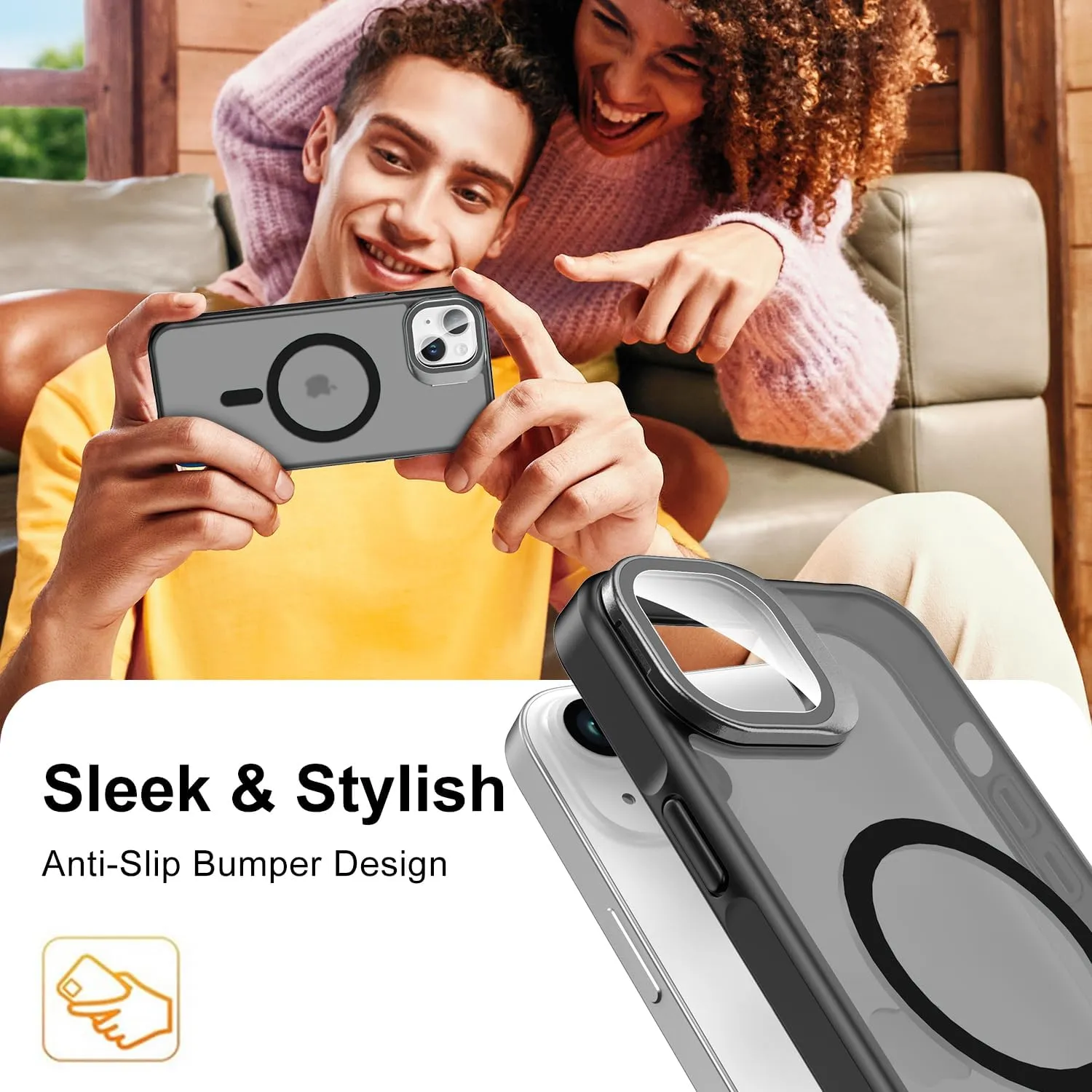 Upgraded Magnetic for iPhone 13 Case,iPhone 14 Case with Camera Lens Cover and Screen Protector,Built-in Kickstand,Wireless Charging Compatible,Slim Fit Translucent Matte Acrylic - Black
