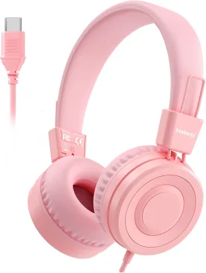 USB C Kids Headphones for School, Upgrade USB Type C Kid Headphone, 94 dB Volume Limiter Wired On-Ear Headset for Kids/Toddlers/Children/Teens/Boys/Girls-Pink