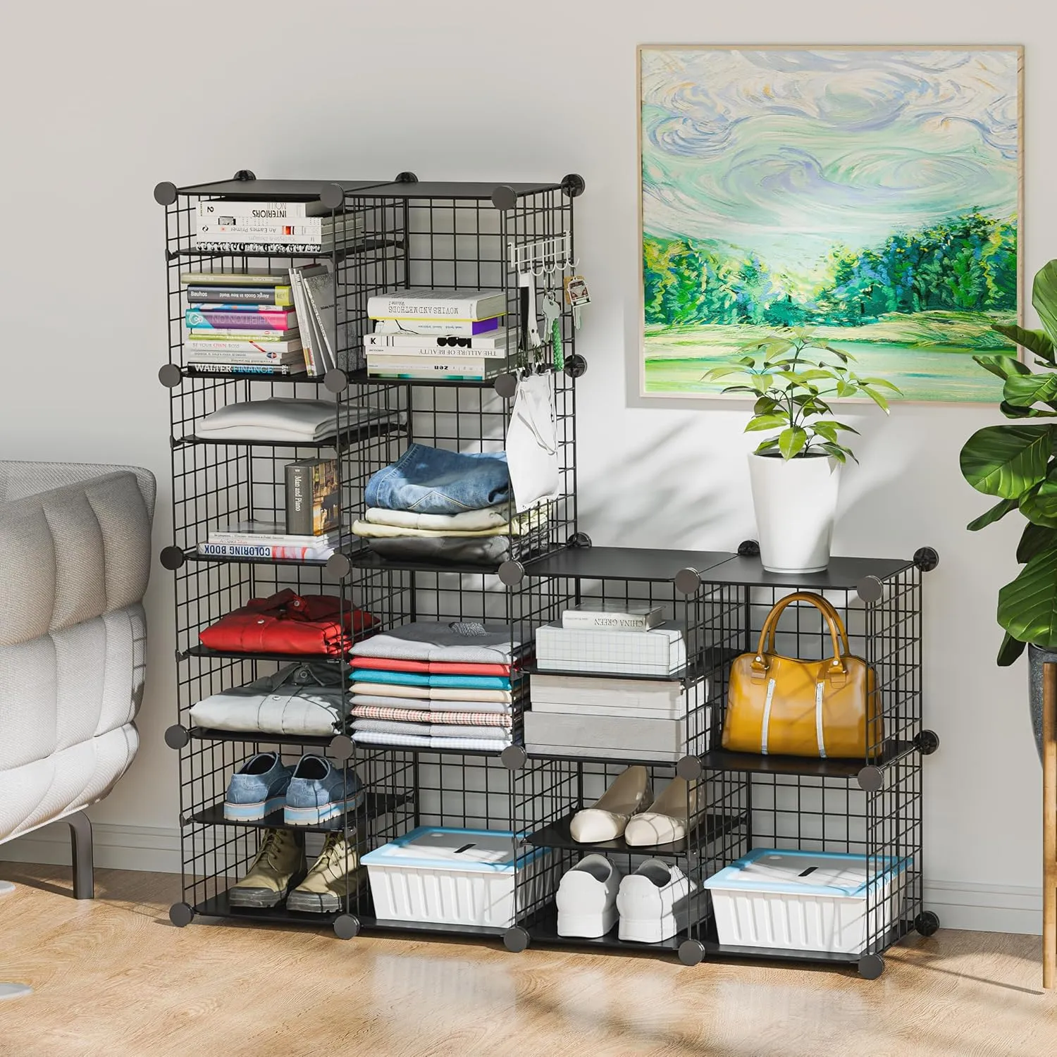 Wire Cube Storage Organizer, 12 Cubes Converted into 14 Cubes, Sturdy Metal Grids Storage Shelf Closet Shelving Units and Storage, Shelves for Bedroom LIvingroom Office
