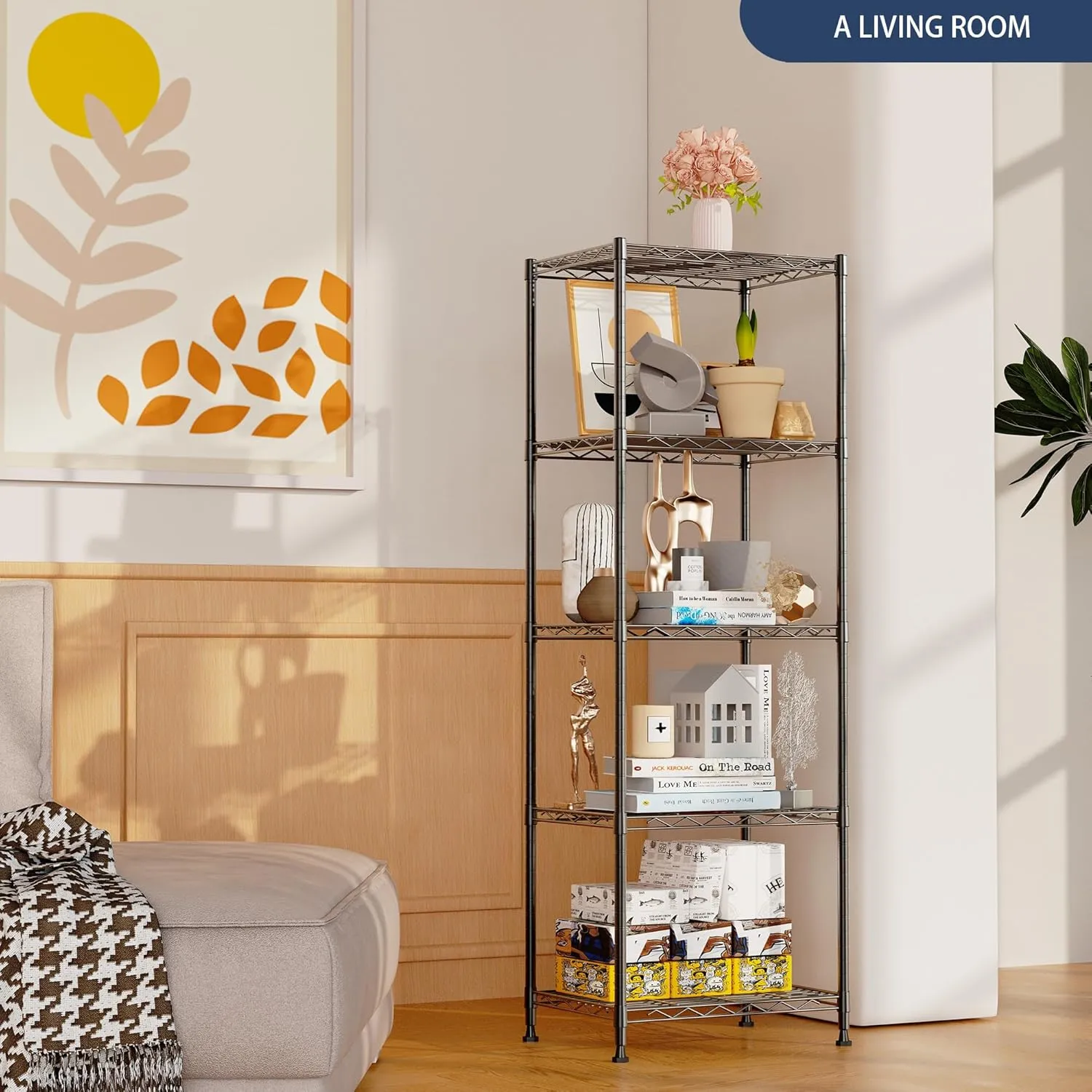 Wire Shelving Rack Storage Shelves,Vertical Garage Storage Shelves,Metal Adjustable Shelving,Garage Shelving for Laundry Bathroom Kitchen Wall Storage Room (Black,16.5" W x 11.4" D x 50" H)