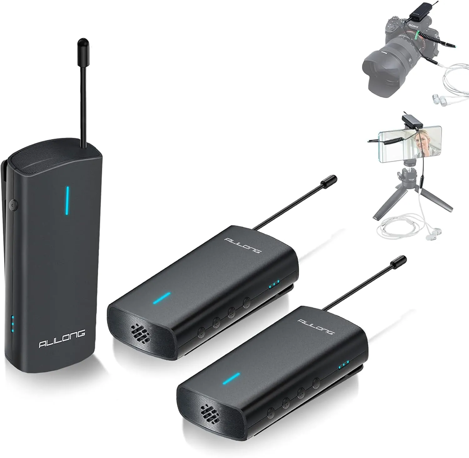 Wireless Lavalier Microphone System, Lapel Microphone for iPhone, Android, Camera, Body Mic with Monitoring for YouTube, TIK-Tok, Interview, Vlogging - 2TX