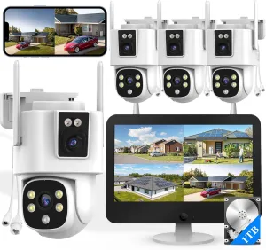 Wireless Outdoor Security Camera System, Wkkengd Dual Lens Dual Screen Auto Tracking 4 Home Surveillance Camera Set 12.5" Monitor 1TB 10CH NVR Color Night Vision 2 Way Audio Wi-Fi 6 Alexa Compatible