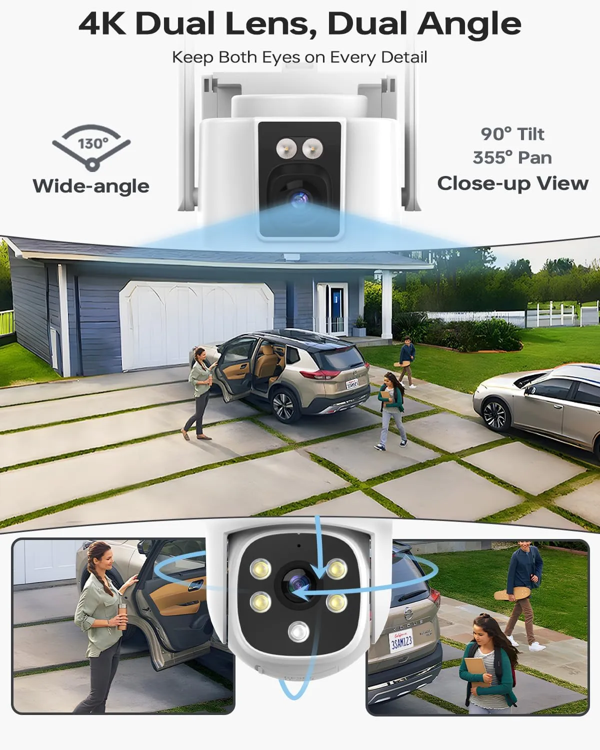 Wireless Outdoor Security Camera System, Wkkengd Dual Lens Dual Screen Auto Tracking 4 Home Surveillance Camera Set 12.5" Monitor 1TB 10CH NVR Color Night Vision 2 Way Audio Wi-Fi 6 Alexa Compatible
