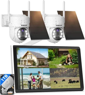 Wireless Solar Camera System Outdoor, 2PCS 4MP Battery Operated Security Camera, No Monthly Fee, Pan Tilt 360 View, PIR Motion Detection, Color Night Vision, 10'' LCD, IP66, 2-Way Audio