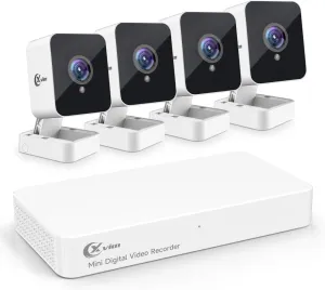 XVIM 8CH 1080P Wired Security Camera System with 64G SD Card, Mini 4PCS Security Camera System Outdoor, Night Vision, Remote Access, Waterproof