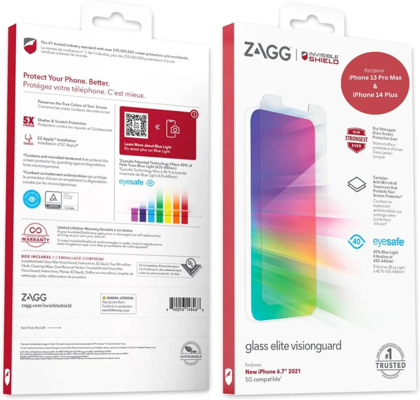 ZAGG InvisibleShield Glass Elite VisionGuard Screen Protector for iPhone 13 Pro Max and iPhone 14 Plus, 5X Stronger Scratch Protection, Blue-Light Filter, Anti-Fingerprint, Easy Install, Clear