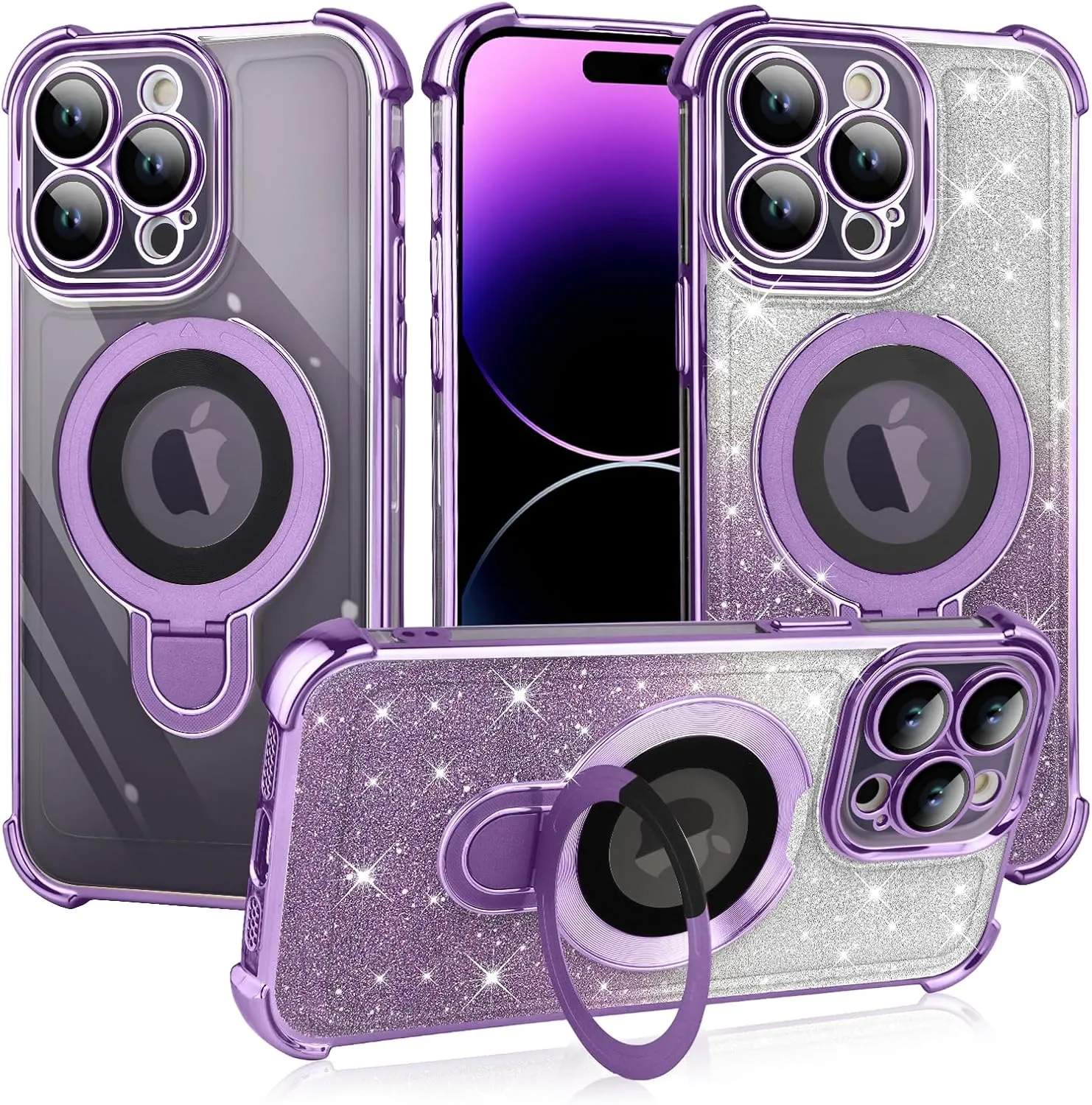 ZIYE Magnetic Case for iPhone 13 Pro Max with Kickstand [Compatible with MagSafe] with Camera Lens Protector & Raised Reinforced Corners, Glitter Luxury Plating Cute Bling Case for Women 6.7" Purple